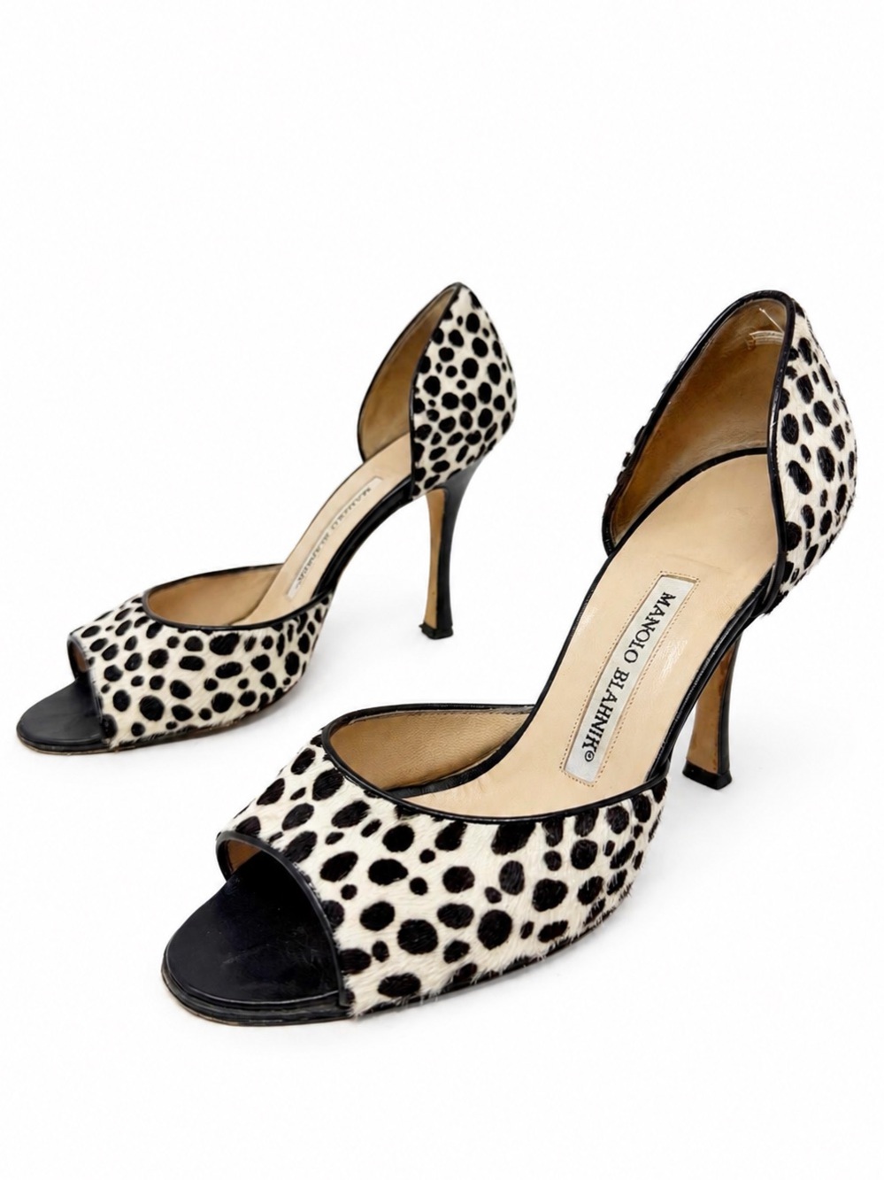 Manolo Blahnik Animal Print Pony Hair Peep Toe Heels Womens Size EU 36
